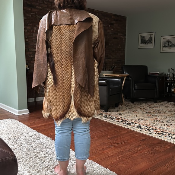 Leather and fur mid length jacket orange lining - Picture 3 of 3